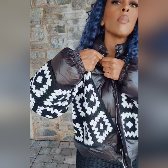 Miz Puffer Crochet: Detachable Contrast Knit Cardigan Vinyl Winter Coat L XL - Picture 15 of 17